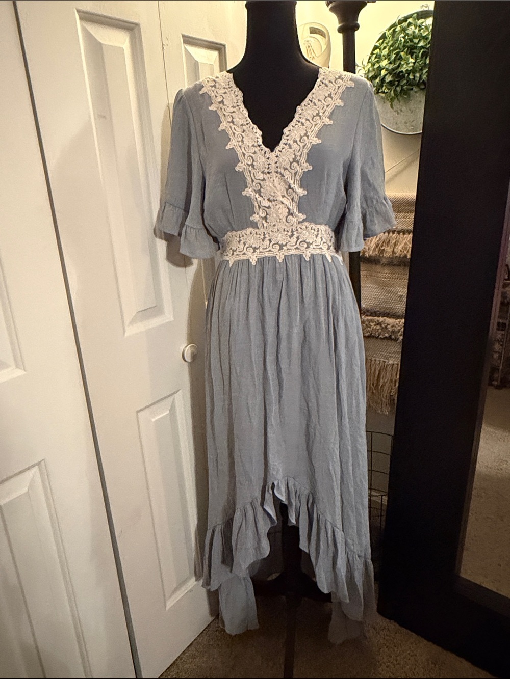 Wishlist Lace Trim High-Low Maxi Dress in Blue Gray